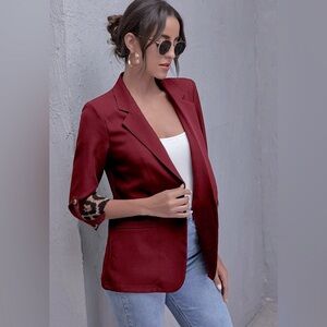 Womens Burgundy one button Blazer 3/4 rollup sleeves leopard print cuffs Size XL